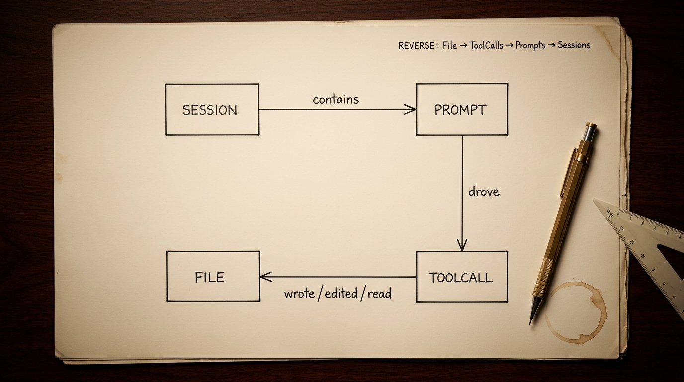 DAG-diagram med fire nodes (Session, Prompt, ToolCall, File) arrangeret som et rektangel, forbundet med tre edges: contains, drove, wrote/edited/read